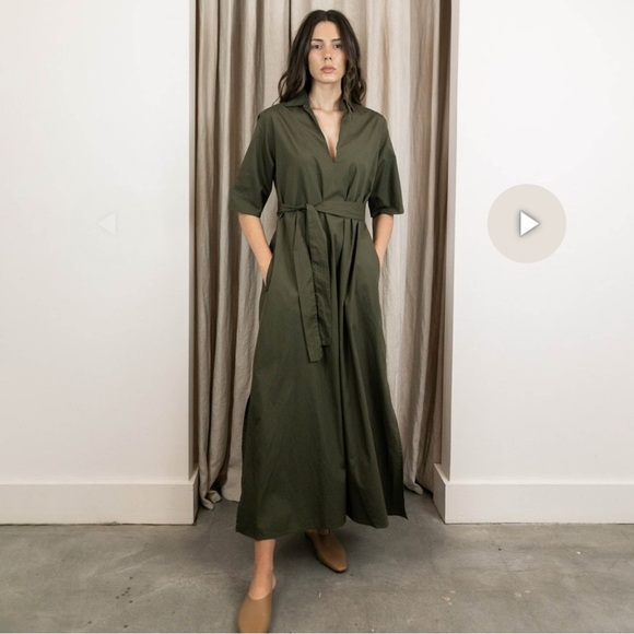 Xirena green moss Ryann belted cotton midi dress medium short sleeves minimalist - Picture 1 of 9
